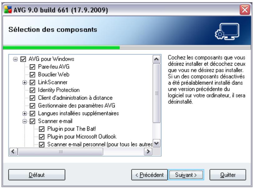 AVG 9.0 build 661 (17.9.2009) Sélection des composants ✓ AVG pour Windows ✓ Pare-feu AVG ✓ Bouclier Web + LinkScanner ✓ Identity Protection ✓ Client d'administration à distance ✓ Gestionnaire des paramètres AVG + Langues installées supplémentaires - Scanner e-mail ✓ Plug-in pour The Bat! ✓ Plug-in pour Microsoft Outlook ✓ Scanner e-mail personnel (pour tous les autres Cochez les composants que vous désirez installer et décochez ceux que vous ne désirez pas installer. Si un des composants désactivés a été préalablement installé dans une version précédente du logiciel sur votre ordinateur, il sera désinstallé. Défaut < Précédent Suivant > Quitter