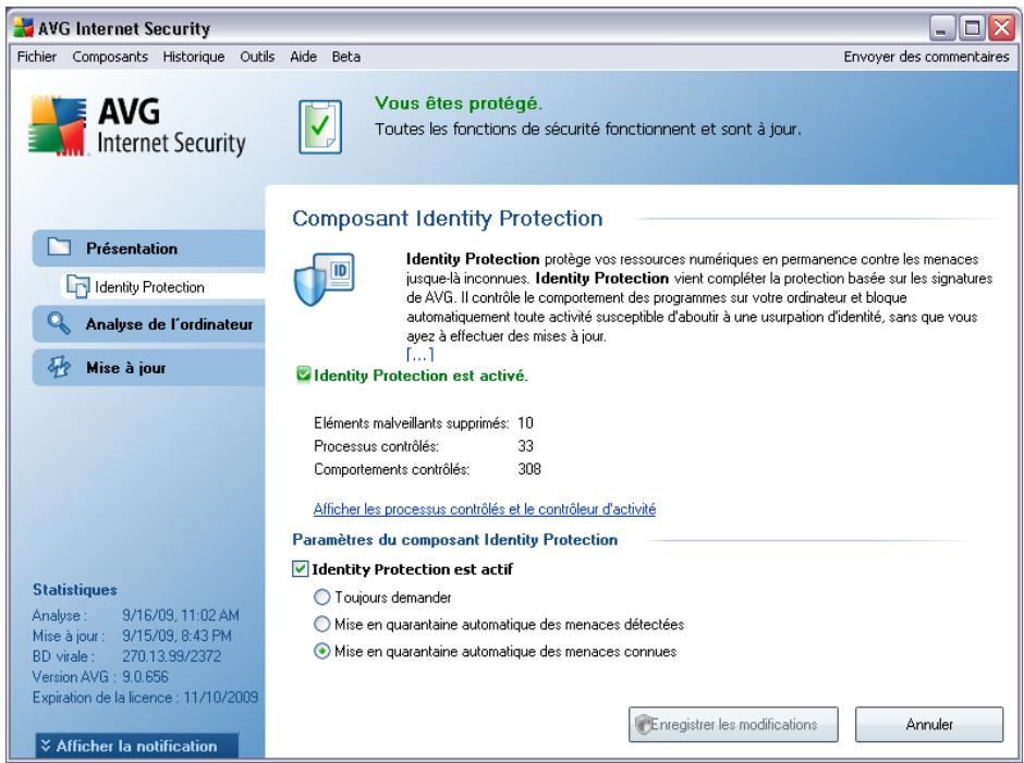 AVG Internet Security Fichier Composants Historique Outils Aide Beta Envoyer des commentaires AVG Internet Security Présentation Identity Protection Analyse de l'ordinateur Mise à jour Statistiques Analyse : 9/16/09, 11:02 AM Mise à jour : 9/15/09, 8:43 PM BD virale : 270.13.99/2372 Version AVG : 9.0.656 Expiration de la licence : 11/10/2009 Afficher la notification Vous êtes protégé. Toutes les fonctions de sécurité fonctionnent et sont à jour. Composant Identity Protection Identity Protection protège vos ressources numériques en permanence contre les menaces jusque-là inconnues. Identity Protection vient compléter la protection basée sur les signatures de AVG. Il contrôle le comportement des programmes sur votre ordinateur et bloque automatiquement toute activité susceptible d'aboutir à une usurpation d'identité, sans que vous avez à effectuer des mises à jour. [...] Identity Protection est activé. Éléments malveillants supprimés: 10 Processus contrôlés: 33 Comportements contrôlés: 308 Aflicher les processus contrôlés et le contrôleur d'activité Paramètres du composant Identity Protection Identity Protection est actif Toujours demander Mise en quarantaine automatique des menaces détectées Mise en quarantaine automatique des menaces connues Enregistrer les modifications Annuler