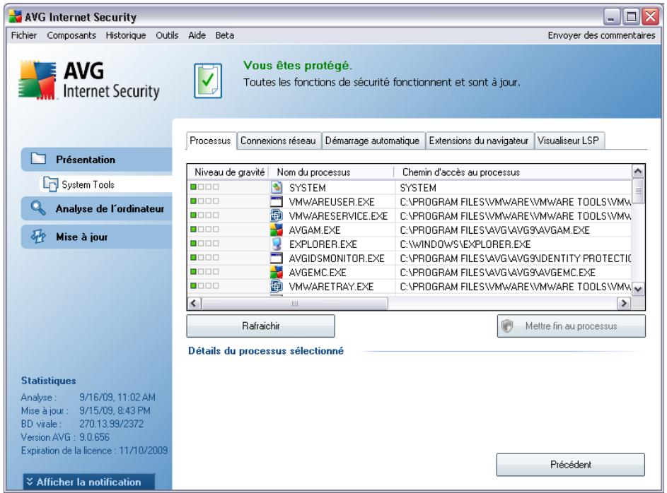 AVG Internet Security Fichier Composants Historique Outils Aide Beta Envoyer des commentaires AVG Internet Security Vous êtes protégé. Toutes les fonctions de sécurité fonctionnent et sont à jour. Processus Connexions réseau Démarrage automatique Extensions du navigateur Visualiseur LSP Présentation System Tools Analyse de l'ordinateur Mise à jour Niveau de gravité Nom du processus Chemin d'accès au processus SYSTEM SYSTEM VMWAREUSER.EXE C:\PROGRAM FILES\VMWARE\VMWARE TOOLS\VMW VMWARESERVICE.EXE C:\PROGRAM FILES\VMWARE\VMWARE TOOLS\VMW AVGAM.EXE C:\PROGRAM FILES\AVG\AVG9\AVGAM.EXE EXPLORER.EXE C:\WINDOWS\EXPLORER.EXE AVGIDSMONITOR.EXE C:\PROGRAM FILES\AVG\AVG9\IDENTITY PROTECTIC AVGEMC.EXE C:\PROGRAM FILES\AVG\AVG9\AVGEMC.EXE VMWARETRAY.EXE C:\PROGRAM FILES\VMWARE\VMWARE TOOLS\VMW Rafraichir Mettre fin au processus Détails du processus sélectionné Précédent Statistiques Analyse : 9/16/09, 11:02 AM Mise à jour : 9/15/09, 8:43 PM BD virale : 270.13.99/2372 Version AVG : 9.0.656 Expiration de la licence : 11/10/2009 Afficher la notification