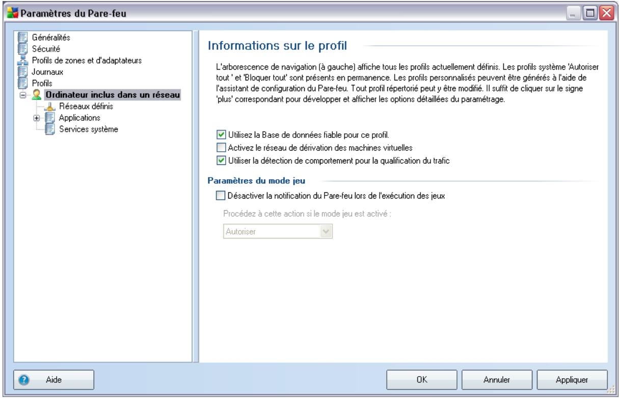 Paramètres du Pare-feu Généralités Sécurité Profils de zones et d'adaptateurs Journaux Profils Ordinateur inclus dans un réseau Réseaux définis Applications Services système Informations sur le profil L'arborescence de navigation (à gauche) affiche tous les profils actuellement définis. Les profils système 'Autoriser tout ' et 'Bloquer tout' sont présents en permanence. Les profils personnalisés peuvent être générés à l'aide de l'assistant de configuration du Pare-feu. Tout profil répertorié peut y être modifié. Il suffit de cliquer sur le signe 'plus' correspondant pour développer et afficher les options détaillées du paramétrage. Utilisez la Base de données fiable pour ce profil. Activez le réseau de dérivation des machines virtuelles Utiliser la détection de comportement pour la qualification du trafic Paramètres du mode jeu Désactiver la notification du Pare-feu lors de l'exécution des jeux Procédez à cette action si le mode jeu est activé : Autoriser Aide OK Annuler Appliquer