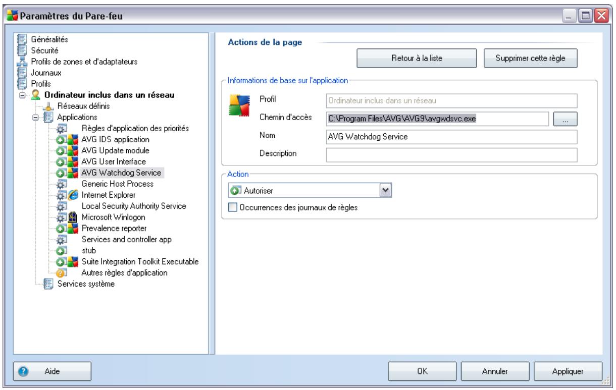 Paramètres du Pare-feu Généralités Sécurité Profils de zones et d'adaptateurs Journaux Profils Ordinateur inclus dans un réseau Réseaux définis Applications Règles d'application des priorités AVG IDS application AVG Update module AVG User Interface AVG Watchdog Service Generic Host Process Internet Explorer Local Security Authority Service Microsoft Winlogon Prevalence reporter Services and controller app stub Suite Integration Toolkit Executable Autres règles d'application Services système Actions de la page Retour à la liste Supprimer cette règle Informations de base sur l'application Profil Ordinateur inclus dans un réseau Chemin d'accès C:\Program Files\AVG\AVG9\avgwdsvc.exe Nom AVG Watchdog Service Description Action Autoriser Occurrences des journaux de règles Aide OK Annuler Appliquer