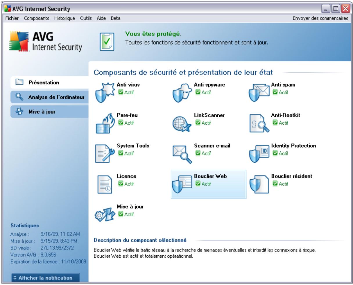AVG Internet Security Fichier Composants Historique Outils Aide Beta Envoyer des commentaires AVG Internet Security Vous êtes protégé. Toutes les fonctions de sécurité fonctionnent et sont à jour. Composants de sécurité et présentation de leur état Présentation Analyse de l'ordinateur Mise à jour Anti-virus Anti-spyware Anti-spam Pare-feu LinkScanner Anti-Rootkit System Tools Scanner e-mail Identity Protection Licence Bouclier Web Bouclier résident Mise à jour Description du composant sélectionné Analyse : 9/16/09, 11:02 AM Mise à jour : 9/15/09, 8:43 PM BD virale : 270.13.99/2372 Version AVG : 9.0.656 Expiration de la licence : 11/10/2009 Afficher la notification