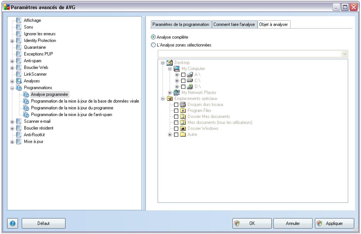 Paramètres avancés de AVG Affichage Sons Ignorer les erreurs Identity Protection Quarantaine Exceptions PUP Anti-spam Bouclier Web LinkScanner Analyses Programmations Analyse programmée Programmation de la mise à jour de la base de données virale Programmation de la mise à jour du programme Programmation de la mise à jour de l'anti-spam Scanner e-mail Bouclier résident Anti-Rootkit Mise à jour Paramètres de la programmation Comment faire l'analyse Objet à analyser Analyse complète L'Analyse zones sélectionnées Desktop My Computer A:\ C:\ D:\ My Network Places Emplacements spéciaux Disques durs locaux Program Files Dossier Mes documents Mes documents (tous les utilisateurs) Dossier Windows Autre Défaut OK Annuler Appliquer