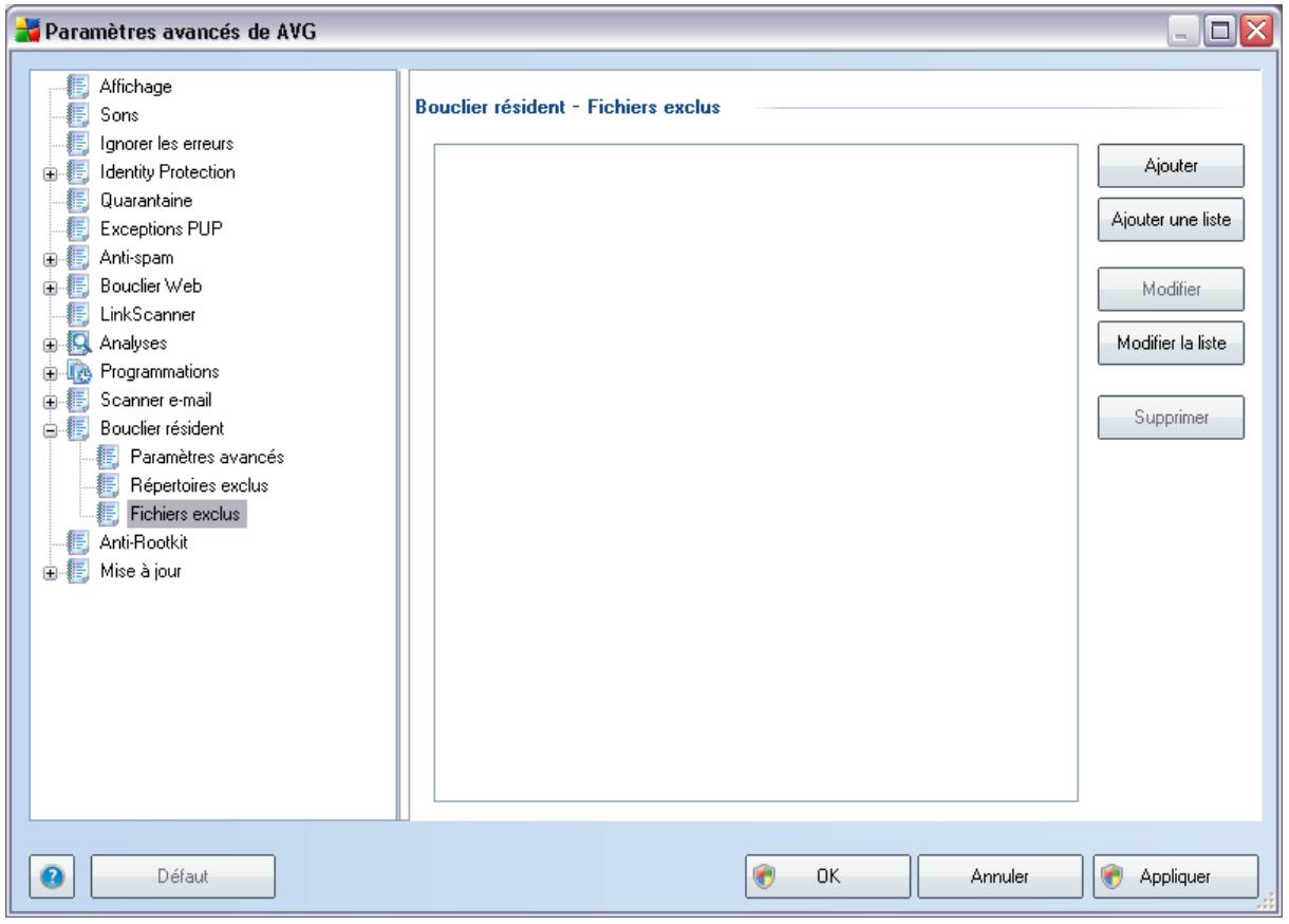 Paramètres avancés de AVG Affichage Sons Ignorer les erreurs Identity Protection Quarantaine Exceptions PUP Anti-spam Bouclier Web LinkScanner Analyses Programmations Scanner e-mail Bouclier résident Paramètres avancés Répertoires exclus Fichiers exclus Anti-Rootkit Mise à jour Bouclier résident - Fichiers exclus Ajouter Ajouter une liste Modifier Modifier la liste Supprimer Défaut OK Annuler Appliquer