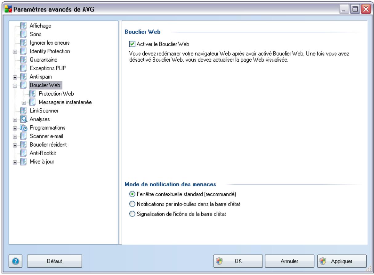 Paramètres avancés de AVG Affichage Sons Ignorer les erreurs Identity Protection Quarantaine Exceptions PUP Anti-spam Bouclier Web Protection Web Messenger instantanée LinkScanner Analyses Programmations Scanner e-mail Bouclier résident Anti-Rootkit Mise à jour Bouclier Web Activer le Bouclier Web Vous devez redémarrer votre navigateur Web après avoir activé Bouclier Web. Une fois vous avez désactivé Bouclier Web, vous devez actualiser la page Web visualisée. Mode de notification des menaces Fenêtre contextuelle standard (recommandé) Notifications par info-bulles dans la barre d'état Signalisation de l'icône de la barre d'état Défaut OK Annuler Appliquer