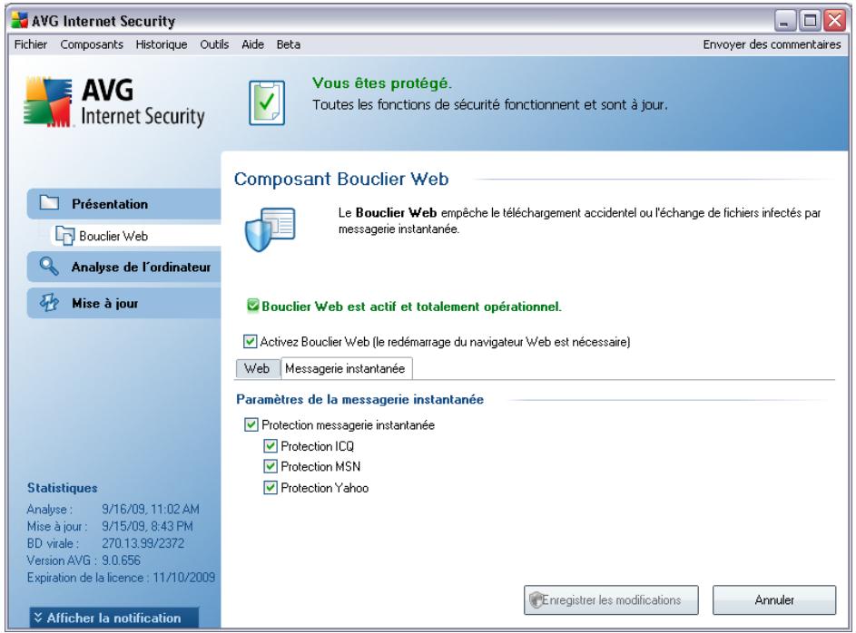 AVG Internet Security Fichier Composants Historique Outils Aide Beta Envoyer des commentaires AVG Internet Security Vous êtes protégé. Toutes les fonctions de sécurité fonctionnent et sont à jour. Composant Bouclier Web Le Bouclier Web empêche le téléchargement accidentel ou l'échange de fichiers infectés par messageie instantanée. Bouclier Web est actif et totalement opérationnel. Activez Bouclier Web (le redémarrage du navigateur Web est nécessaire) Web Messagerie instantanée Paramètres de la messagerie instantanée Protection messagerie instantanée Protection ICQ Protection MSN Protection Yahoo Enregistrer les modifications Annuler Présentation Bouclier Web Analyse de l'ordinateur Mise à jour Statistiques Analyse : 9/16/09, 11:02 AM Mise à jour : 9/15/09, 8:43 PM BD virale : 270.13.99/2372 Version AVG : 9.0.656 Expiration de la licence : 11/10/2009 Afficher la notification