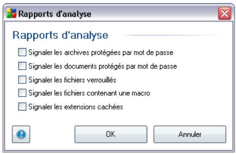 Rapports d'analyse Signaler les archives protégées par mot de passe Signaler les documents protégés par mot de passe Signaler les fichiers verrouillés Signaler les fichiers contenant une macro Signaler les extensions cachées OK Annuler