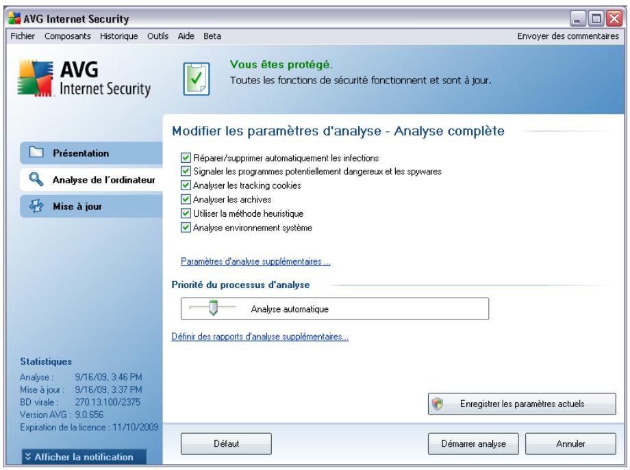 AVG Internet Security Fichier Composants Historique Outils Aide Beta Envoyer des commentaires AVG Internet Security Vous êtes protégé. Toutes les fonctions de sécurité fonctionnent et sont à jour. Présentation Analyse de l'ordinateur Mise à jour Statistiques Analyse : 9/16/09, 3:46 PM Mise à jour : 9/16/09, 3:37 PM BD virale : 270.13.100/2375 Version AVG : 9.0.656 Expiration de la licence : 11/10/2009 Alficher la notification Modifier les paramètres d'analyse - Analyse complète Réparer/supprimer automatiquement les infections Signaler les programmes potentiellement dangereux et les spywares Analyser les tracking cookies Analyser les archives Utiliser la méthode heuristique Analyse environnement système Paramètres d'analyse supplémentaires ... Priorité du processus d'analyse Analyse automatique Définir des rapports d'analyse supplémentaires... Enregistrer les paramètres actuels Défaut Démarrer analyse Annuler