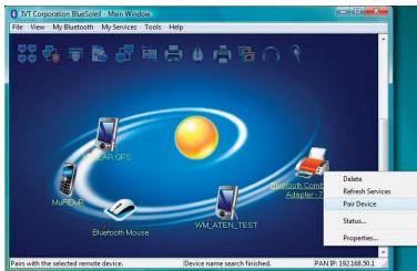 XVT Corporation Bluetooth Master Window File View My Bluetooth My Services Tools Help TEST GPS MIFI GPS Bluetooth Mouse VM-ATEX-TEST Windows Connection Administrator Delete Refresh Services Pair Device Status... Properties... Pairs with the selected remote device. Device name search finished. PAIN IP: 102.168.50.1