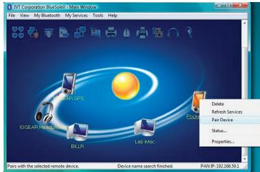 IGV Corporation BlueSuite - Main Window File View My Bluetooth My Services Tools Help LEAF GPS IOGEART Hardware BLLR1 Lib Mac EODO Delete Refresh Services Pair Device Status... Properties... Pairs with the selected remote device. Device name search finished. PAN IP: 192.368.50.1