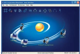 IPT Corporation BlueShield 9.0 Window File View My Bluetooth My Services Tools Help Red Lab Web BLLR IOCEAP Haddiplanes GEE11 Bluetooth-Headset Service Device name search./Finished: PWRIP: 192.168.52.1