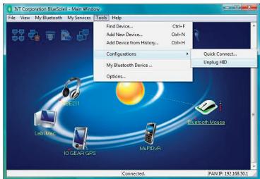 TV Corporation BusScope - Main Window File View My Bluetooth My Services Tools Help Find Device... Ctrl+F Add New Device... Ctrl+N Add Device from History... Ctrl+H Configurations Quick Connect... My Bluetooth Device... Options... Quick Connect... Unplug HD LED11 Lack Maps J0 GEAN GPS Multi-VR Bluetooth Mouse Connected. PAIN IP: 192.168.50.1