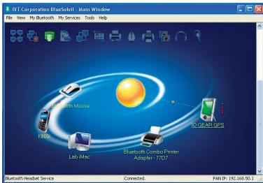 PVT Corporation Bluetooth Main Window File View My Bluetooth My Services Tools Help Bluetooth Mouse Kilma Lab Mac Bluetooth Combo Printer Adapter 7/707 Bluetooth Headset Service Connected. PAN IP: 192.168.50.1