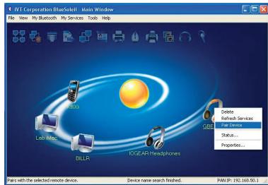 IPT Corporation BlueSocket Master Window File View My Bluetooth My Services Tools Help Block Lab Mac DLLR IDGEAR Headphones Delete Refresh Services Add... Status... Properties... Pass with the selected remote device. Device name search finished. PAN LP: 192, 160, 50.1.