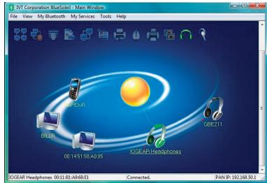 DVT Corporation BlueScope - Main Window File View My Bluetooth My Services Tools Help DHLAR 00:14:15:58 A0:05 OBE211 OGEAR Headphones 00:11:03:A0:08:E1 Connected. PAN IP: 192.568.50.1