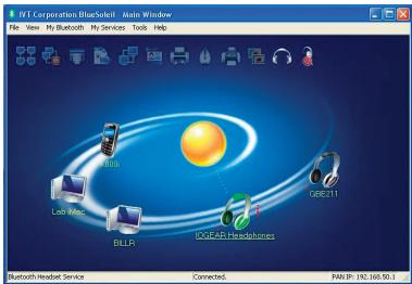 FVT Corporation BlueSuite AI Master Window File View My Bluetooth My Services Tools Help Block Lab Mac DLLR DOS-AR Headphones GBEX11 Bluetooth Headset Service Connected PAN P: 192.160.50.1