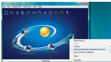 INT Corporation Bluetooth - Main Window File View My Bluetooth My Service Tools Help Connected Network Services Driver Connect Document Bluetooth Advanced Audio Service Save Connection As Shortcut Status... Properties...