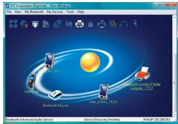 3VT Corporation BlueSpot - Main Window File View My Bluetooth My Services Tools Help LEEK GPS Multi-Drive Bluetooth Mouse VAC-ATEM-TEST Bluetooth Advanced Audio Service Service Discovery finished. PAIN (P) 192.168.50.1