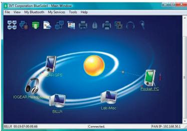 3.7C Corporation Bluetooth - Main Window File View My Bluetooth My Services Tools Help I/OEAR Protection BLDH Lab iMac EXAM/EC BILR 05:19:47:05:06:46 Connected. PAN IP: 192.168.50.1