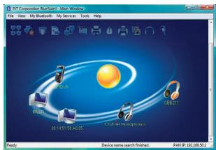 MT Corporation StartSmart Main Window File View My Bluetooth My Services Tools Help StartSmart 01.1415.53.40.35 Get-Play Get-Play Ready Device name search finished: RANIP: 182.168.50.1