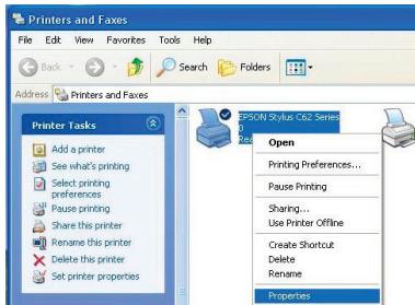 Printers and Faxes File Edit View Favorites Tools Help Back Search Folders Address Printers and Faxes Printer Tasks Add a printer See what's printing Select printing preferences Pause printing Share this printer Rename this printer Delete this printer Set printer properties EPSON Stylus c62 Series Open Printing Preferences... Pause Printing Sharing... Use Printer Offline Create Shortcut Delete Rename Properties