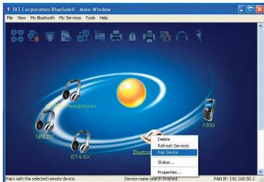 PVT Corporation BlueScope Main Window File View My Bluetooth My Services Tools Help BlueScope GIRB1 PT4 & RX Bluetooth Delete Refresh Services Status... Properties... Pans with the selected remote device. Device name: blueScope PAN (P): 152.160.50.1