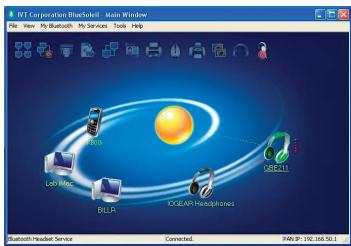 VET Corporation BlackRock Main Window File View My Bluetooth My Services Tools Help Redo Lab Mac DLLR DC/EAR Headphones USB410 Bluetooth Headset Service Connected: PAR IP: 192.168.50.1