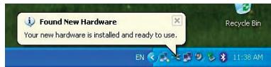 Found New Hardware Your new hardware is installed and ready to use. Recycle Bin EN 11:38 AM