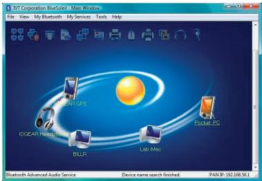 DVT Corporation Bluetooth - Main Window File View My Bluetooth My Services Tools Help Bluetooth Advanced Audio Service Device name search finished. PAN IP: 192.168.50.1