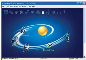 BT Corporation BlueSelect - Main Window File View My Bluetooth My Services Tools Help MTN50-51.03.07:78:26 Connected PAN-IP 192.168.50.1 MTN50-51.03.07:78:26 Connected PAN-IP 192.168.50.1