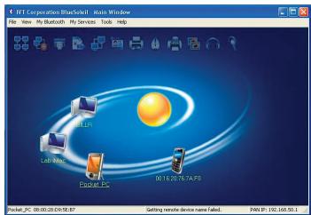RIT Corporation BlueSelect - Main Window File View My Bluetooth My Services Tools Help Model ES W1.16.01.767A/F9 Model PC: 08:00:28:59:58.87 Getting remote device name failed PAN IP: 192.168.50.1