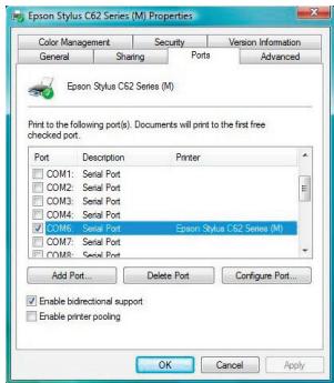 Epson Stylus C62 Series (M) Properties Color Management Security Version Information General Sharing Ports Advanced Epson Stylus C62 Series (M) Print to the following port(s). Documents will print to the first free checked port. Port Description Printer COM1: Serial Port COM2: Serial Port COM3: Serial Port COM4: Serial Port Porter: Serial Port Epson Stylus C62 Series (M) COM7: Serial Port COM8: Serial Port Add Port... Delete Port Configure Port... Enable bidirectional support Enable printer pooling OK Cancel Apply