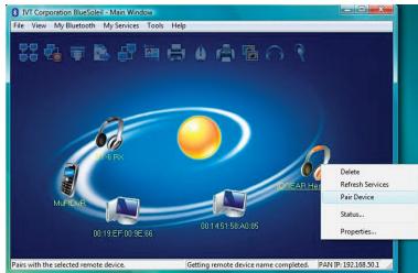 VTV Corporation BlueSuite - Max Window File View My Bluetooth My Services Tools Help M12345 RX 00:19 EP:00:16.00 00:1451:58:40.95 M12345 RX Delete Refresh Services Pass Device Status... Properties... Pass with the selected remote device. Getting remote device name completed. PAN IP: 192.168.50.3