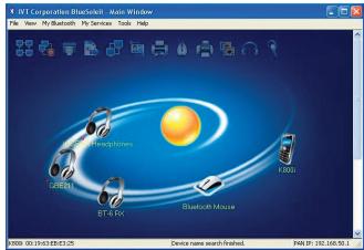 BT Corporation Blackmail - Main Window File View My Bluetooth My Services Tools Help 00:00: 00:1543/85125 Bluetooth Blackmail Mouse BT & RX LANOS Device name search finished F496 IP: 192.568.50.1