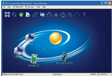 FVI Corporation BlueScroll - Austin Window File View My Bluetooth My Services Tools Help CELLR Loa Mac Pocket Pi 01.16.2017/7A F3 SERIES 00:15.03.07:76.26 Connected. PAN Pi: 192.166.50.1