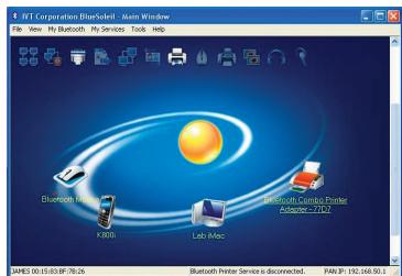 ICT Corporation Bluetooth File View My Bluetooth My Services Tools Help Bluetooth Printer F806 Lab Mac Microsoft Audio Printer Adapters -72107 BAMES 00:15:03:89:76:26 Bluetooth Printer Service is disconnected. PAN IP: 192.168.50.1