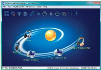 9.0 Corporation BlueSite - Main Window File View My Bluetooth My Services Tools Help 12.0 MHz DO 19 EF 03:36:56 DO 14:57:58:42:05 12.0 MHz DO 14:57:58:42:05 SCDRM-001538189-78:26 Getting remote device name completed. PAN IP: 192.168.501