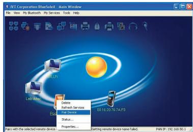 IVT Corporation BlueSelect... Main Window File View My Bluetooth My Services Tools Help C:\Users\Lab\Mac Delete Refresh Services Port Device Status... Properties... Pass with the selected remote device. 01:16:29:57:7A:FD Setting remote device none failed. PAN (P): 192.166.50.1