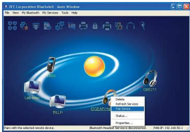 PVT Corporation BlueScope Main Window File View My Bluetooth My Services Tools Help Lab Mac DLLR Delete Bluetooth Services Status... Properties... Pains with the selected remote device. Bluetooth Headset Services is Destinationed. PAN IP: 192.168.50.1