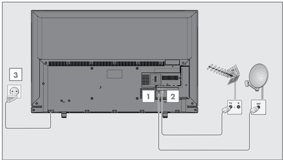 GRUNDIG 55VLE5523BG - Connecting the antenna and the power adapter - 1