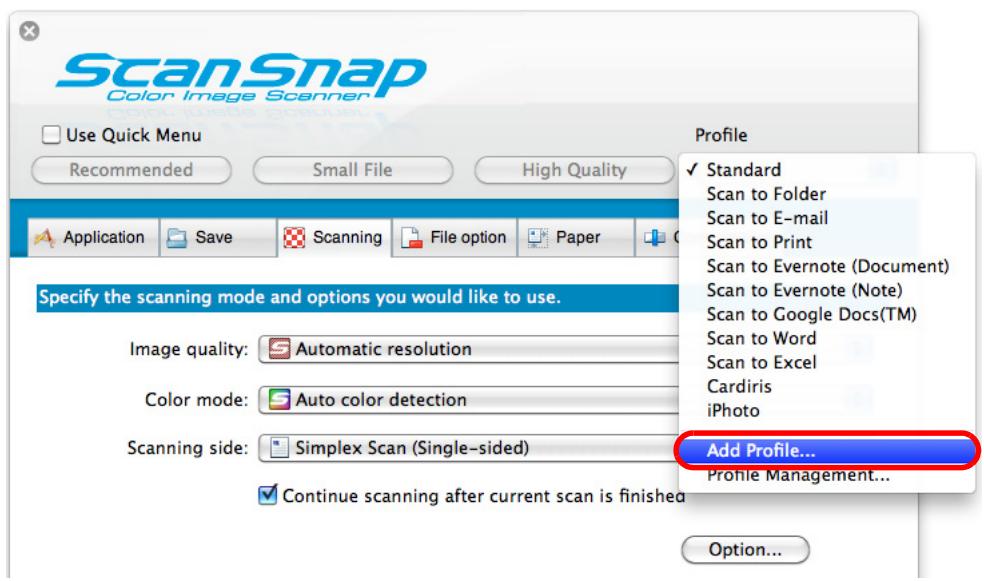 FUJITSU SCANSNAP S1100 DELUXE - Select [Add Profile] from the [Profile] pop-up menu. - 1