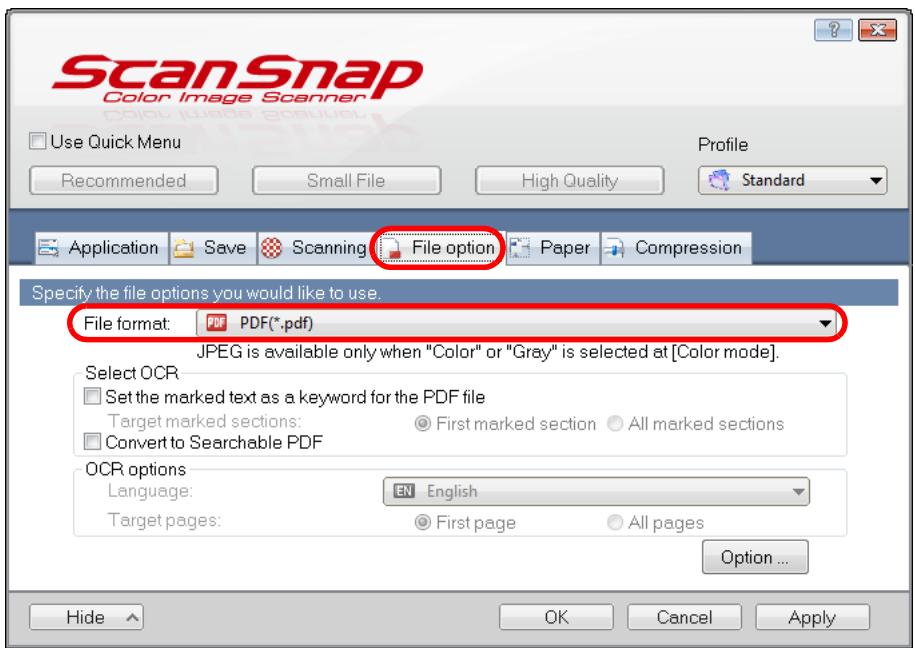 FUJITSU SCANSNAP S1100 DELUXE - From the [File format] drop-down list in the [File option] tab, select [PDF (.pdf)]. - 1