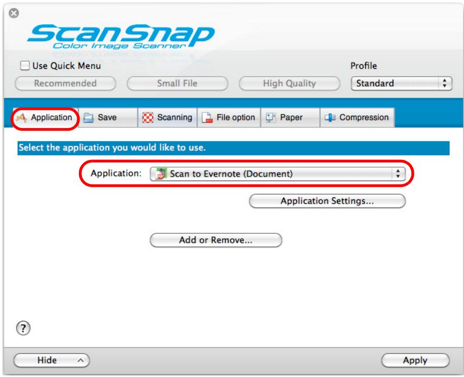 FUJITSU SCANSNAP S1100 DELUXE - In the [Application] pop-up menu in the [Application] tab, select [Scan to Evernote (Document)]. - 1
