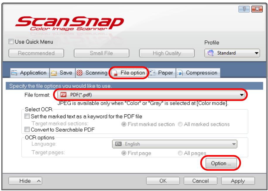 FUJITSU SCANSNAP S1100 DELUXE - In the [File format] drop-down list in the [File option] tab, select [PDF (.pdf)], and then click the [Option] button. - 1