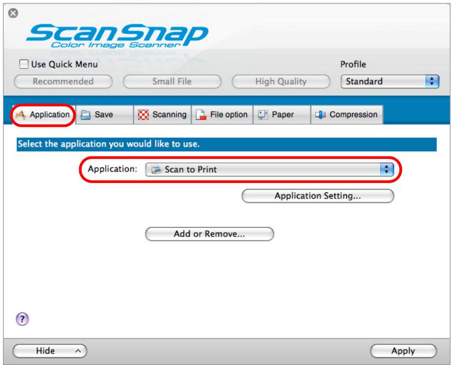 FUJITSU SCANSNAP S1100 DELUXE - From the [Application] pop-up menu in the [Application] tab, select [Scan to Print]. - 1