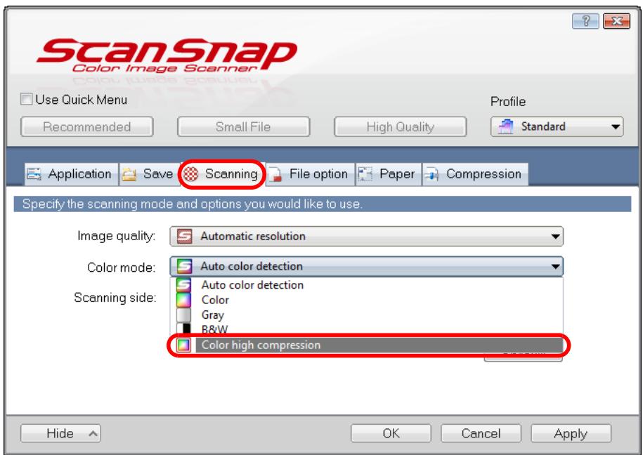 FUJITSU SCANSNAP S1100 DELUXE - In the [Color mode] drop-down list in the [Scanning] tab, select [Color high compression]. - 1