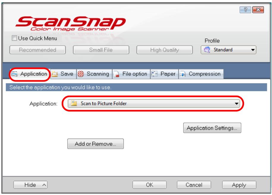 FUJITSU SCANSNAP S1100 DELUXE - In the [Application] drop-down list in the [Application] tab, select [Scan to Picture Folder]. - 1