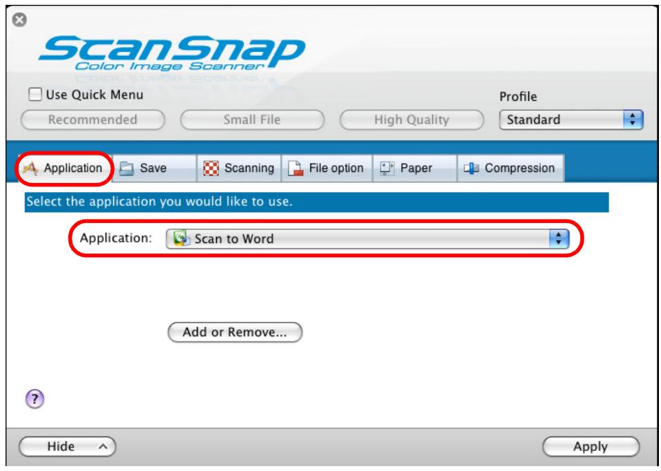 FUJITSU SCANSNAP S1100 DELUXE - In the [Application] pop-up menu in the [Application] tab, select [Scan to Word] or [Scan to Excel]. - 1