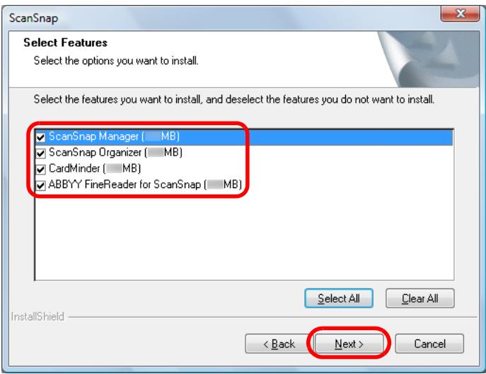 FUJITSU SCANSNAP S1100 DELUXE - Confirm the check boxes of the software that you want to install are selected, and click the [Next] button. - 1