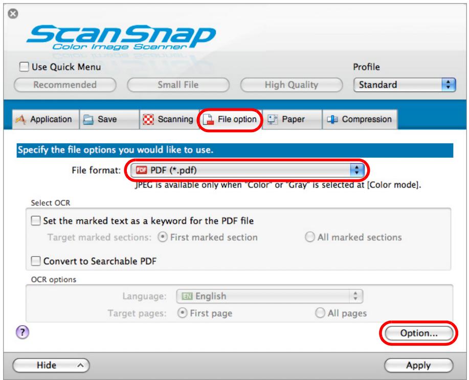 FUJITSU SCANSNAP S1100 DELUXE - From the [File format] pop-up menu in the [File option] tab, select [PDF (.pdf)], and then click the [Option] button. - 1